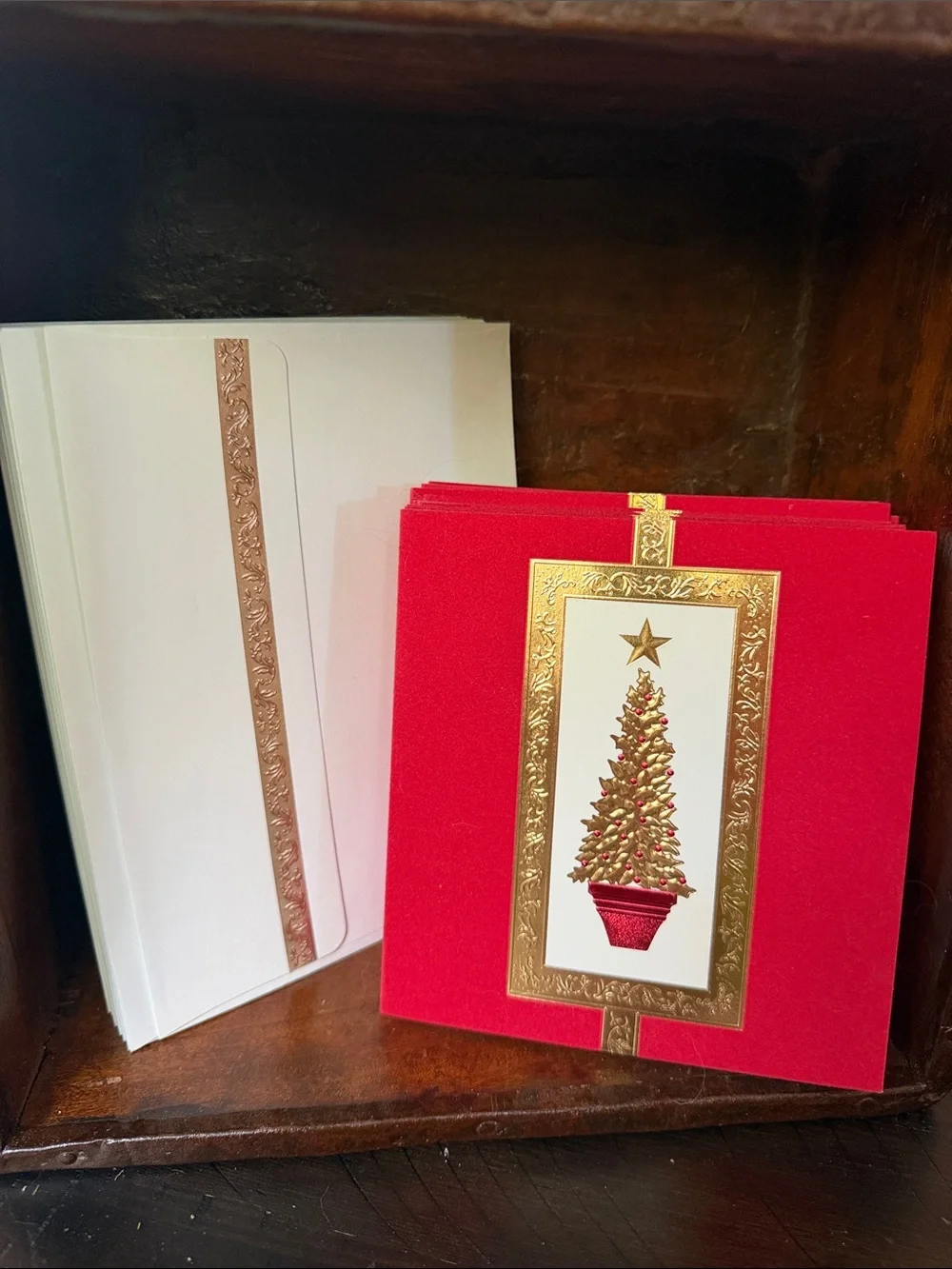 Vintage Red and Gold Holiday Greeting Card, Embossed Christmas Tree set of 20